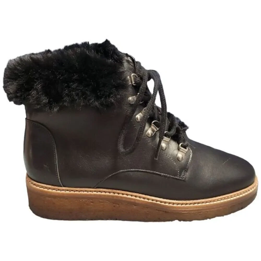 Botkier Winter Boots Women Size 7.5 Black Leather Faux Fur Trim Gum Sole Lace Up